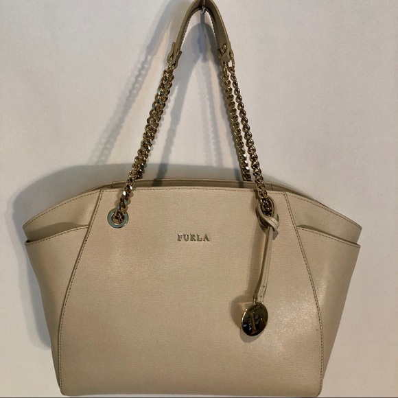 FURLA Julia Cream Beige Leather Tote Shoulder Bag - Picture 2 of 7